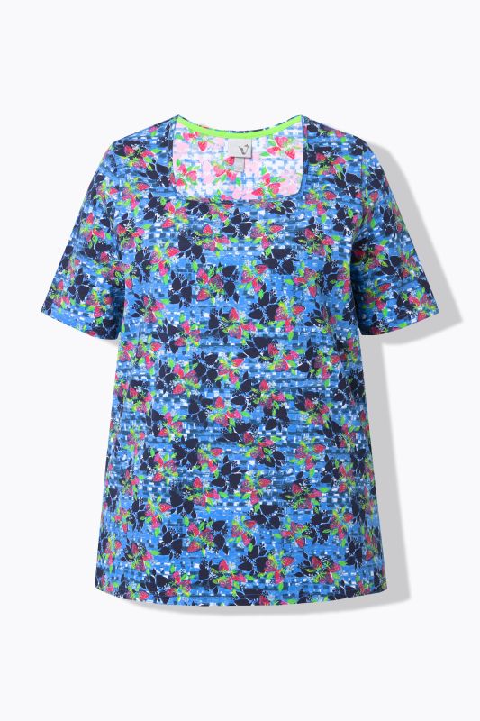 Checkered Strawberry Print Short Sleeve Square Neck Tee