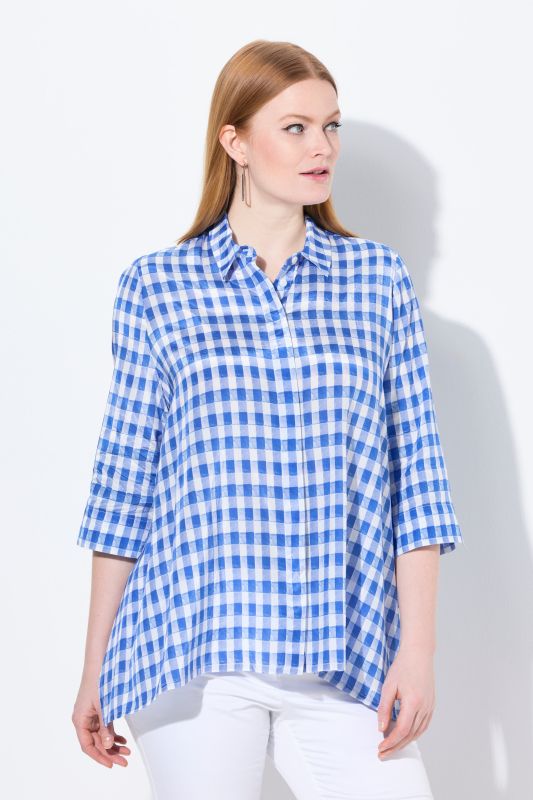 Checkered Pointed Hem 3/4 Sleeve Blouse