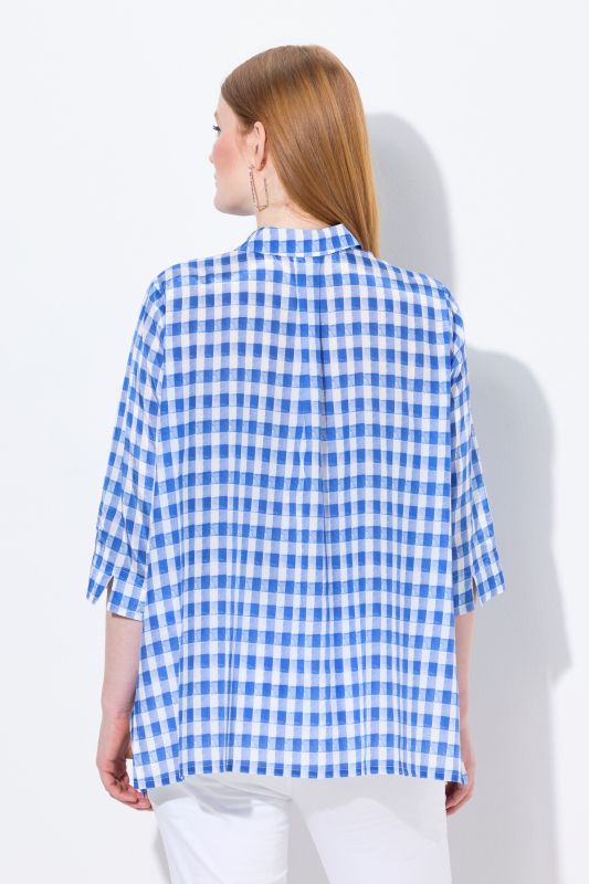 Checkered Pointed Hem 3/4 Sleeve Blouse