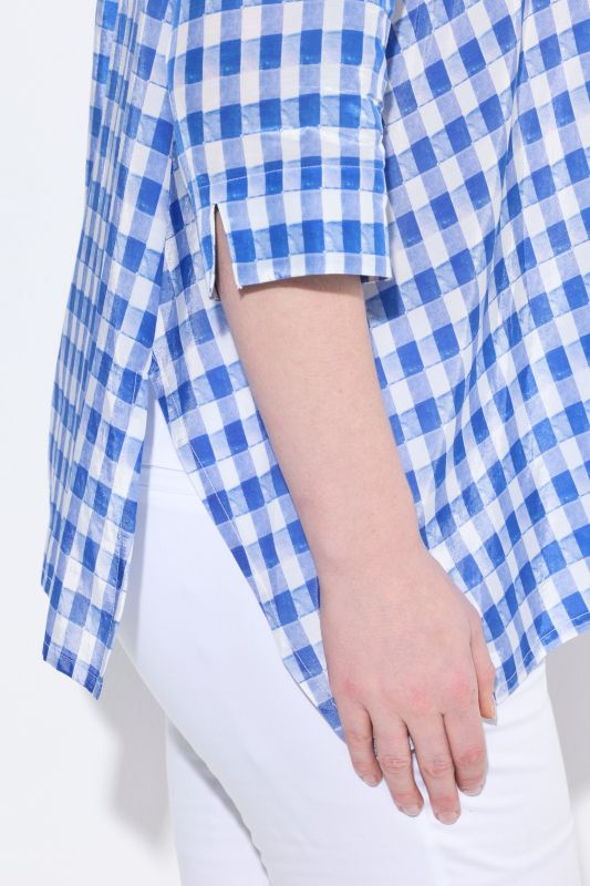 Checkered Pointed Hem 3/4 Sleeve Blouse
