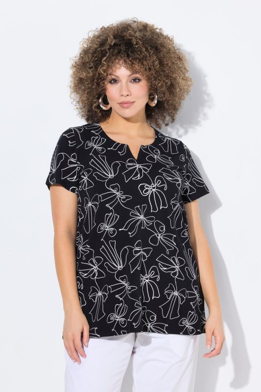 Bow Print Split Neck Short Sleeve Tee