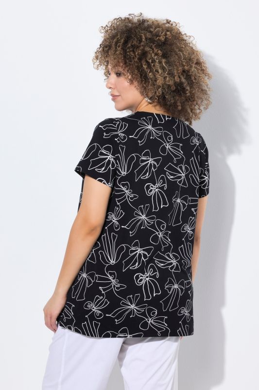 Bow Print Split Neck Short Sleeve Tee
