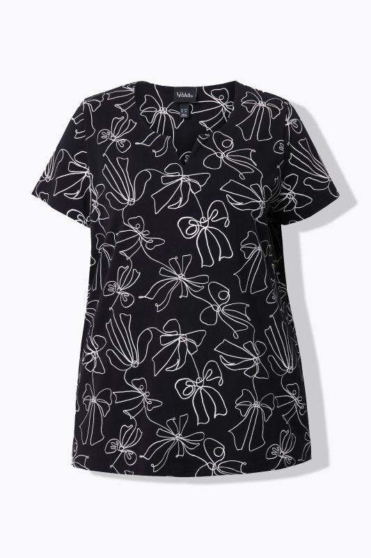 Bow Print Split Neck Short Sleeve Tee