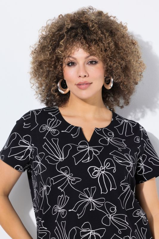 Bow Print Split Neck Short Sleeve Tee