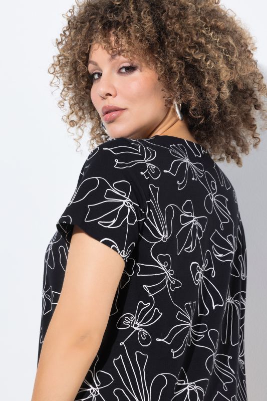 Bow Print Split Neck Short Sleeve Tee