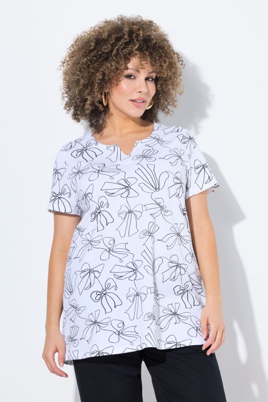 Bow Print Split Neck Short Sleeve Tee