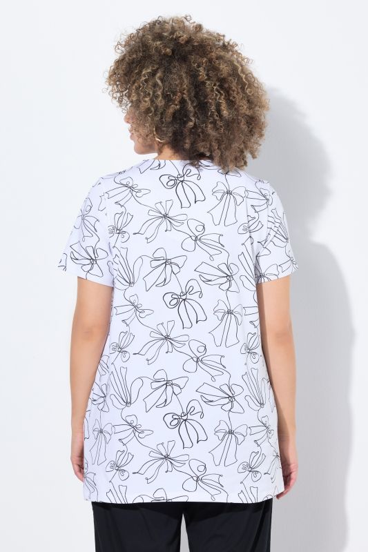 Bow Print Split Neck Short Sleeve Tee