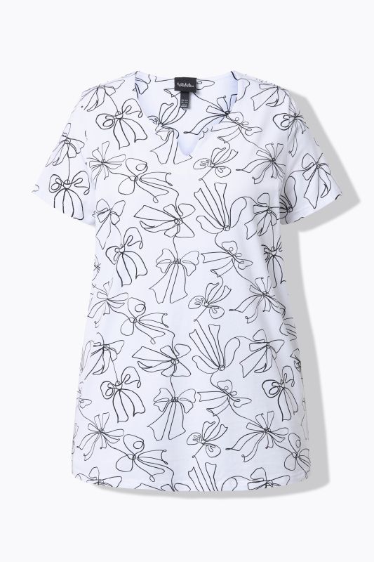 Bow Print Split Neck Short Sleeve Tee