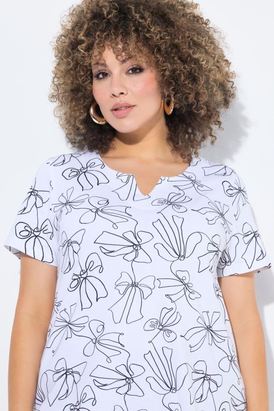 Bow Print Split Neck Short Sleeve Tee