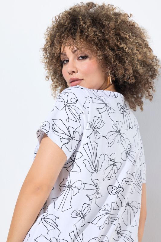 Bow Print Split Neck Short Sleeve Tee
