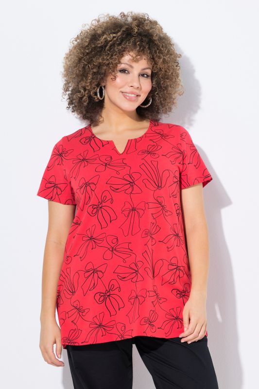Bow Print Split Neck Short Sleeve Tee