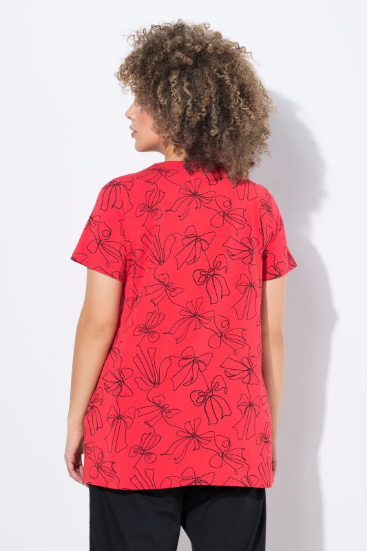Bow Print Split Neck Short Sleeve Tee