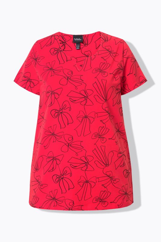 Bow Print Split Neck Short Sleeve Tee