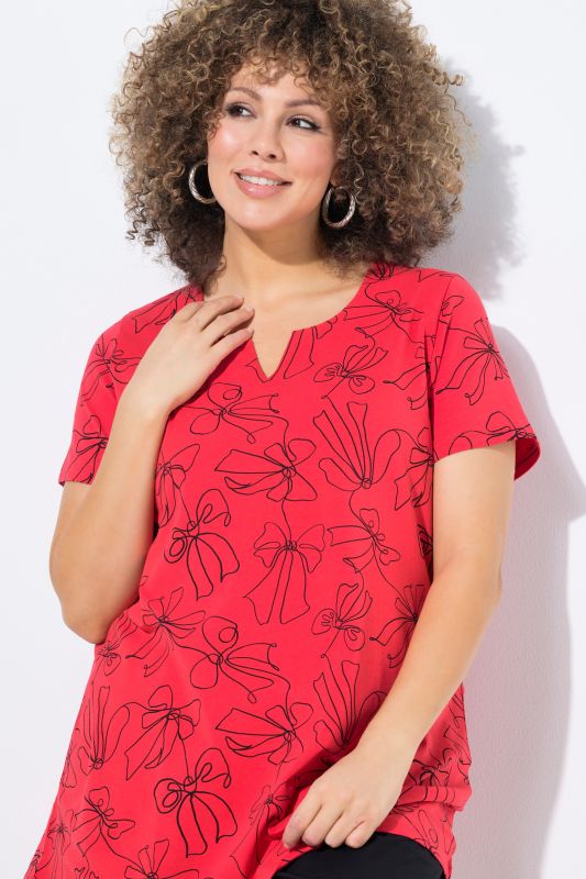 Bow Print Split Neck Short Sleeve Tee