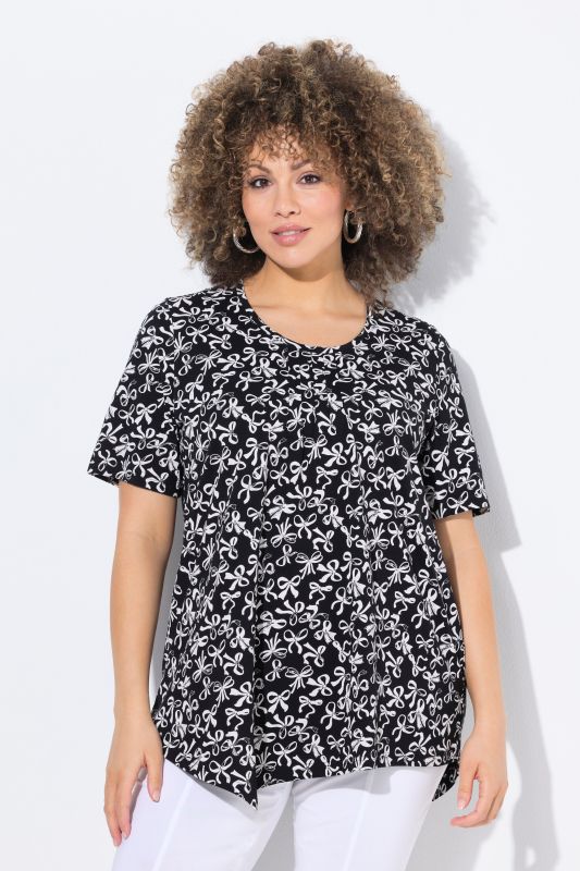 Bow Print Short Sleeve Pointed Hem Tee