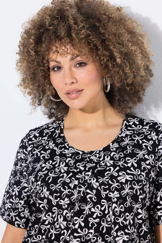 Bow Print Short Sleeve Pointed Hem Tee
