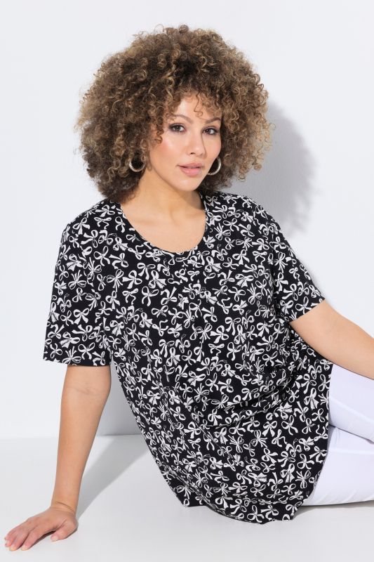 Bow Print Short Sleeve Pointed Hem Tee
