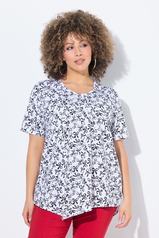 Bow Print Short Sleeve Pointed Hem Tee