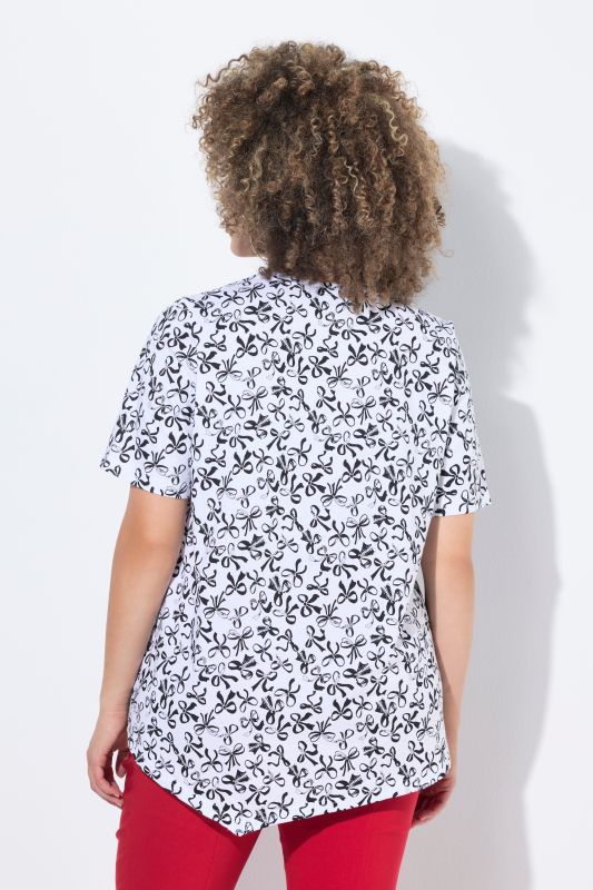 Bow Print Short Sleeve Pointed Hem Tee