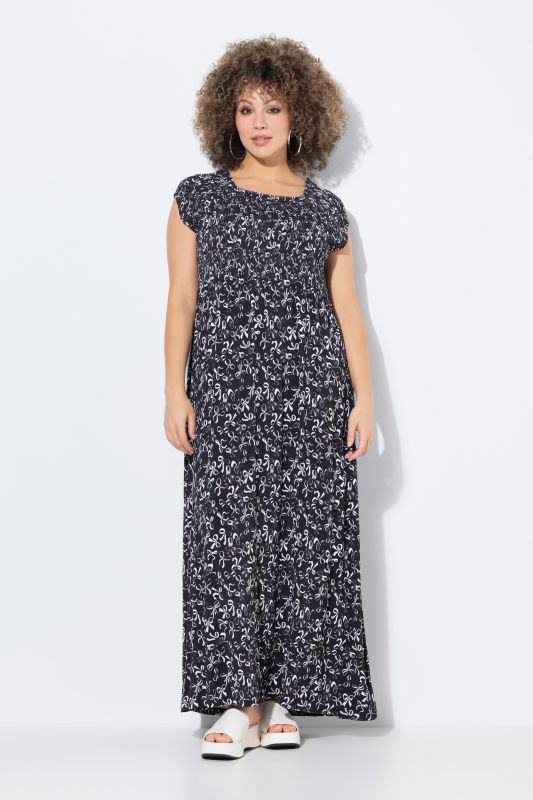 Smocked Bow Print Cap Sleeve Maxi Dress