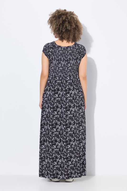 Smocked Bow Print Cap Sleeve Maxi Dress