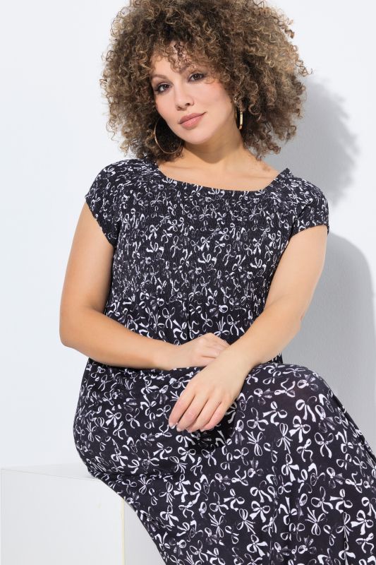 Smocked Bow Print Cap Sleeve Maxi Dress