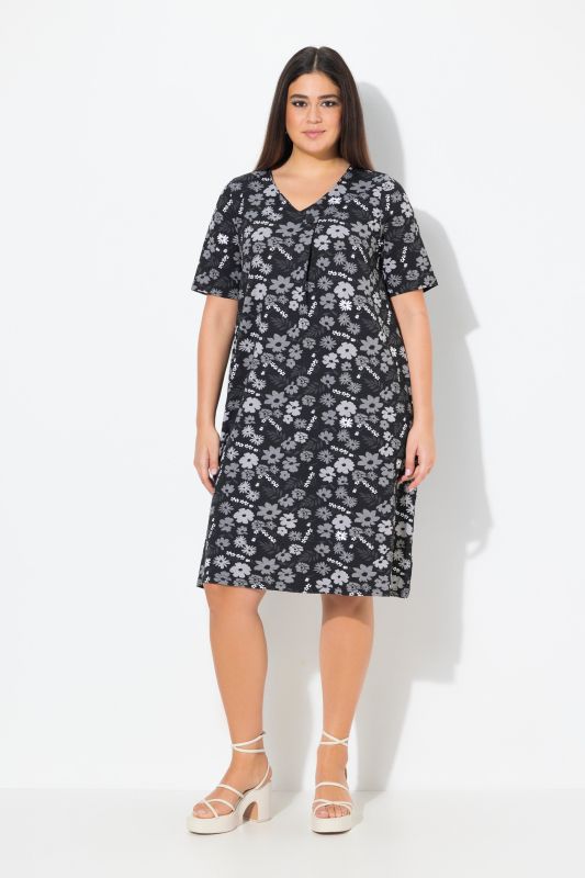 Floral Print Short Sleeve V-Neck Jersey Dress