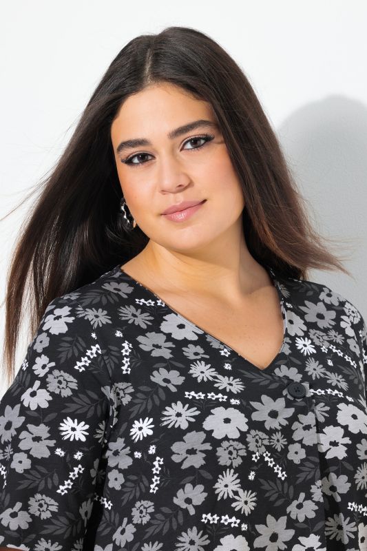 Floral Print Short Sleeve V-Neck Jersey Dress