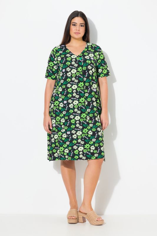Floral Print Short Sleeve V-Neck Jersey Dress