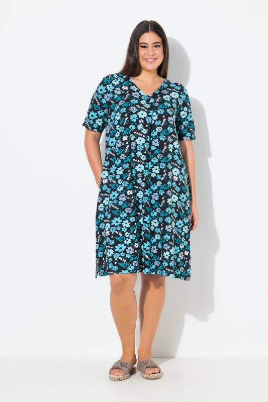 Floral Print Short Sleeve V-Neck Jersey Dress