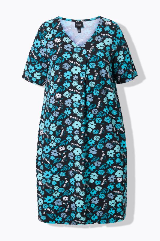 Floral Print Short Sleeve V-Neck Jersey Dress