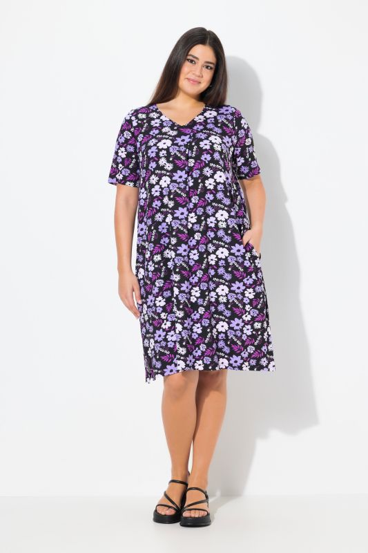 Floral Print Short Sleeve V-Neck Jersey Dress