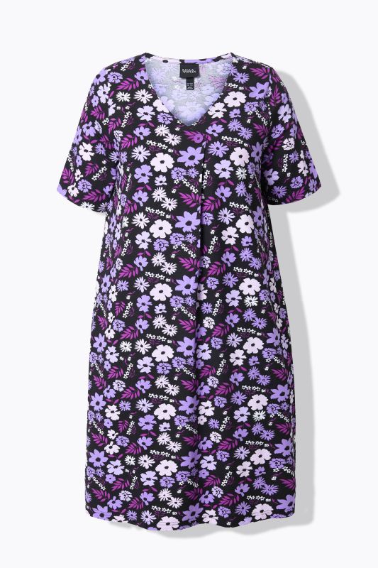 Floral Print Short Sleeve V-Neck Jersey Dress