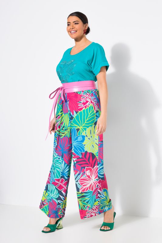 Tropical Leaf Print Elastic Waist Pants