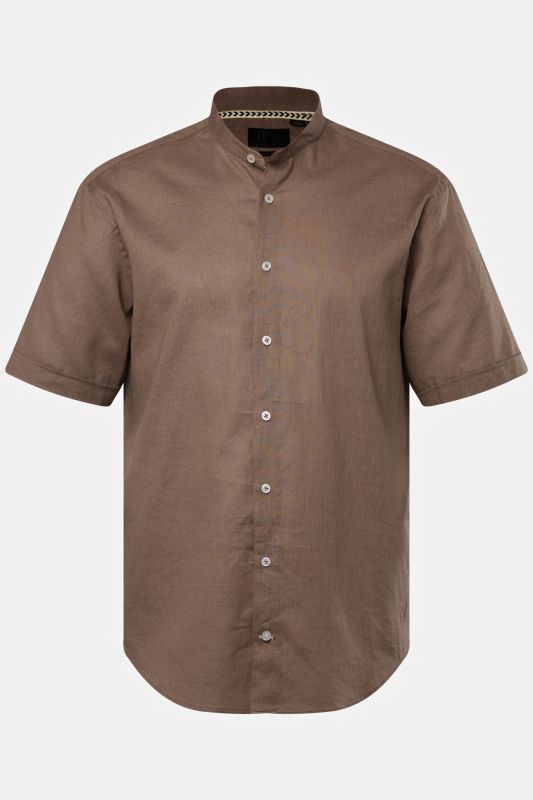 Shirt, short-sleeved, linen blend, stand-up collar, modern fit