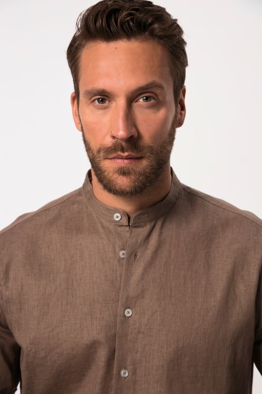 Shirt, short-sleeved, linen blend, stand-up collar, modern fit
