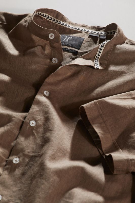 Shirt, short-sleeved, linen blend, stand-up collar, modern fit