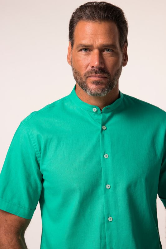 Shirt, short-sleeved, linen blend, stand-up collar, modern fit