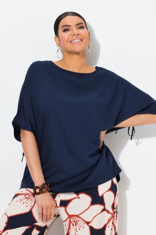 Draped Short Sleeve Drawstring Blouse