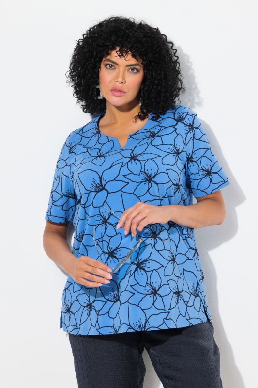 Flower Print Short Sleeve Split Neck Tee