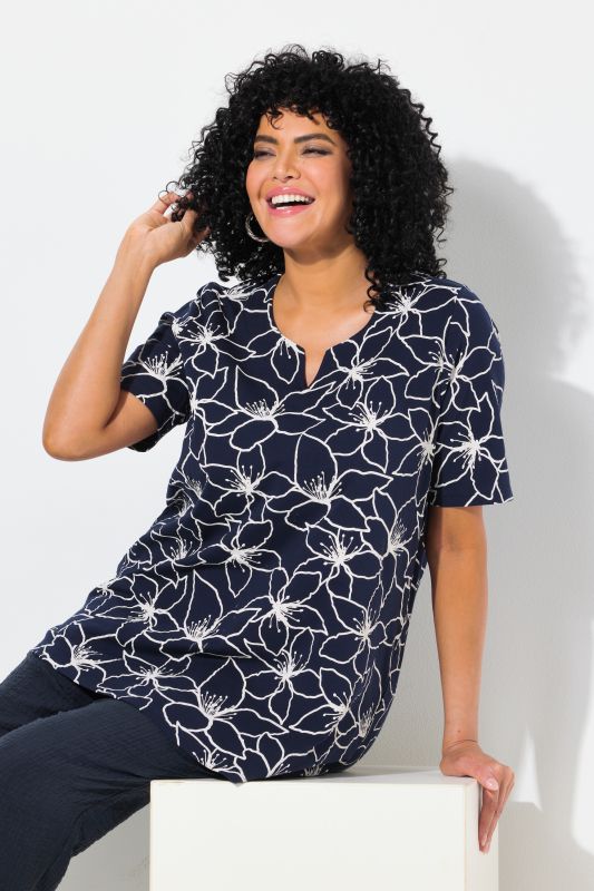 Flower Print Short Sleeve Split Neck Tee