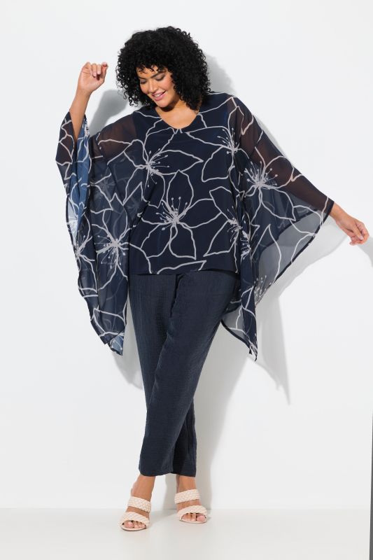Flower Print Layered Wing Sleeve Chiffon Blouse