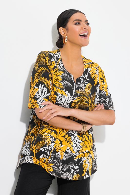 Tropical Foliage Short Sleeve Split Neck Tee