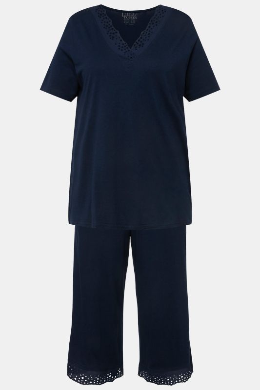Eyelet Trim V-Neck Super Soft Cotton Blend Pajama Set