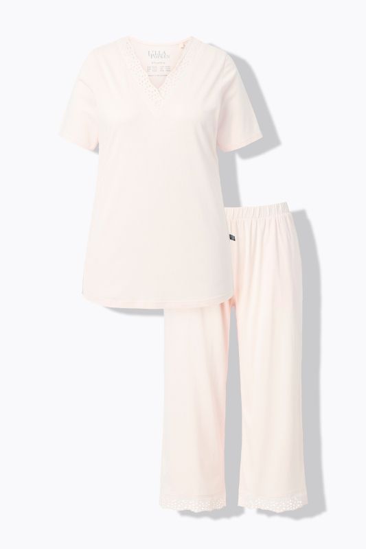Eyelet Trim V-Neck Super Soft Cotton Blend Pajama Set
