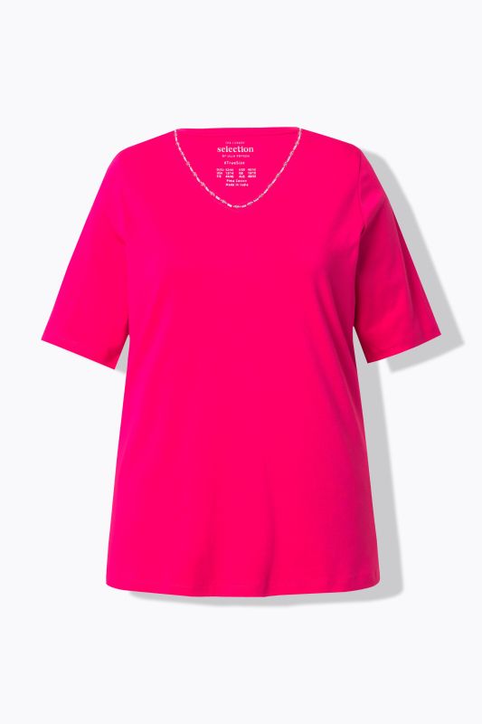 Pima Cotton A-line Embroidered V-Neck Short Sleeve Tee