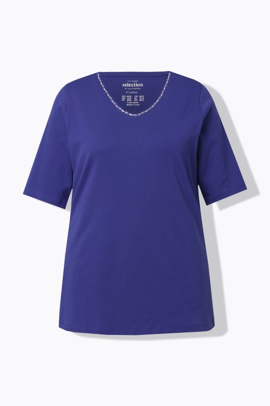Pima Cotton A-line Embroidered V-Neck Short Sleeve Tee