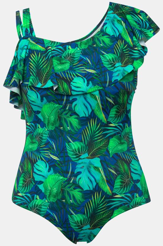 Jungle Leaf Print Asymmetric One Piece Swimsuit