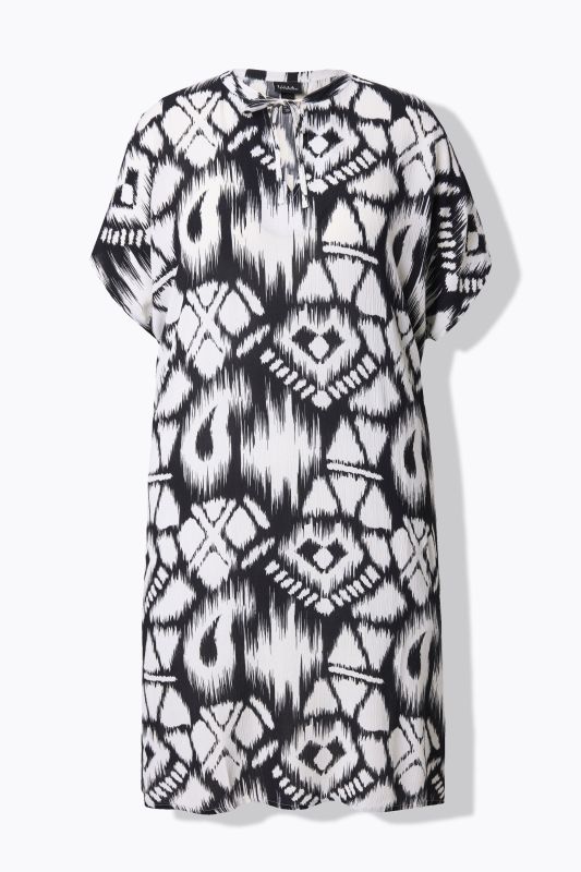 Geometric Print Short Sleeve Split Neck Dress