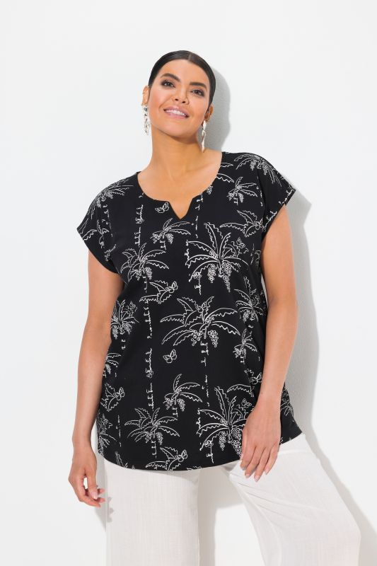 Palm Tree Print Split Neck Cap Sleeve Tee